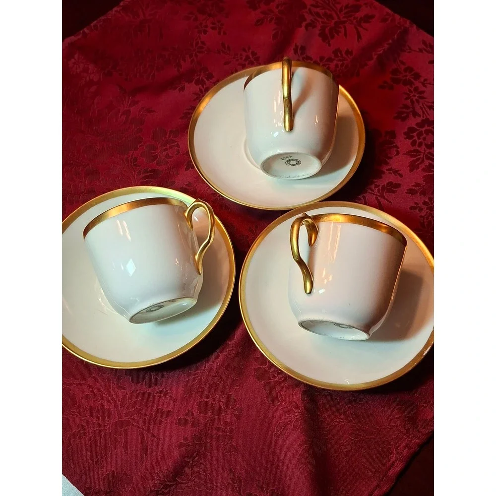 3 Haviland Limoges France Gold Gilt White‎ Porcelain Demitasse Cup & Saucers